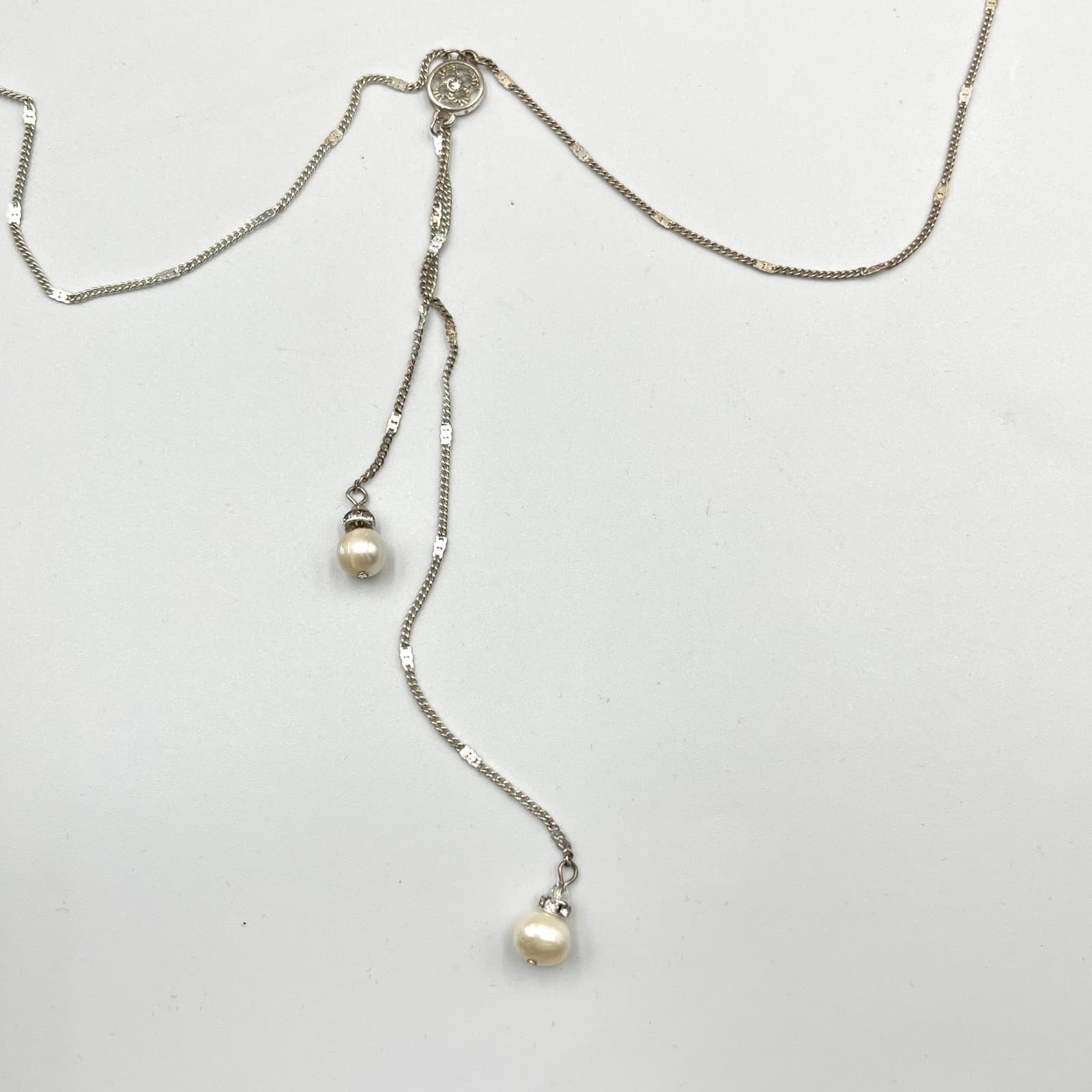 Vintage Y2K Silver Tone Lariat Y-Necklace Faux Pearl Crystal Filigree Accent - Thumbnail 3