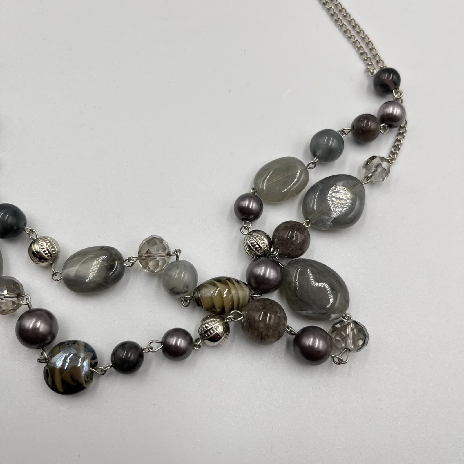 Vintage Grey Multi-Strand Beaded Necklace Retro Mixed Stone Silver Tone Boho - Thumbnail 3