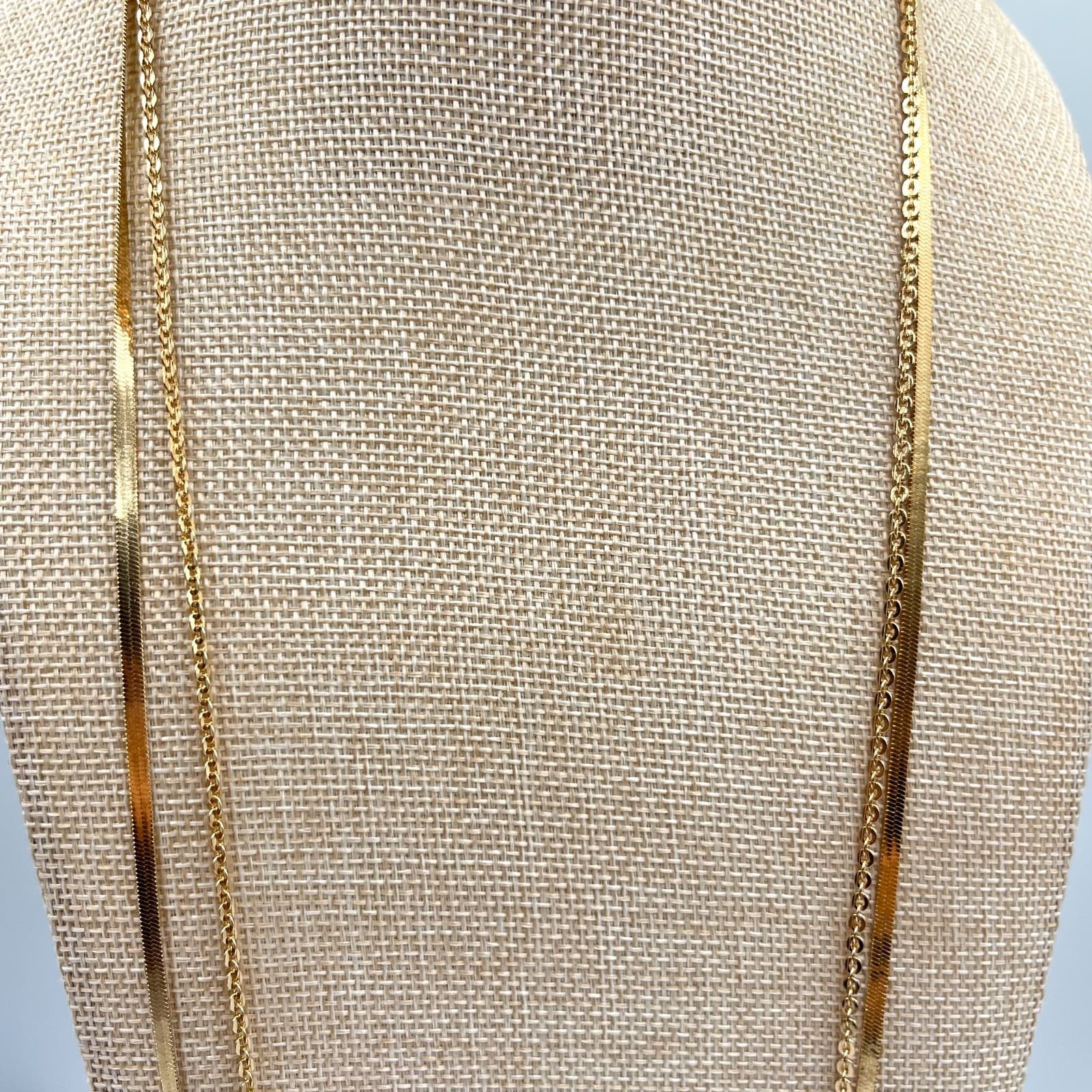 Vintage Modern Gold Layered Herringbone & Curb Chain Necklace Duo Fashion - Thumbnail 4