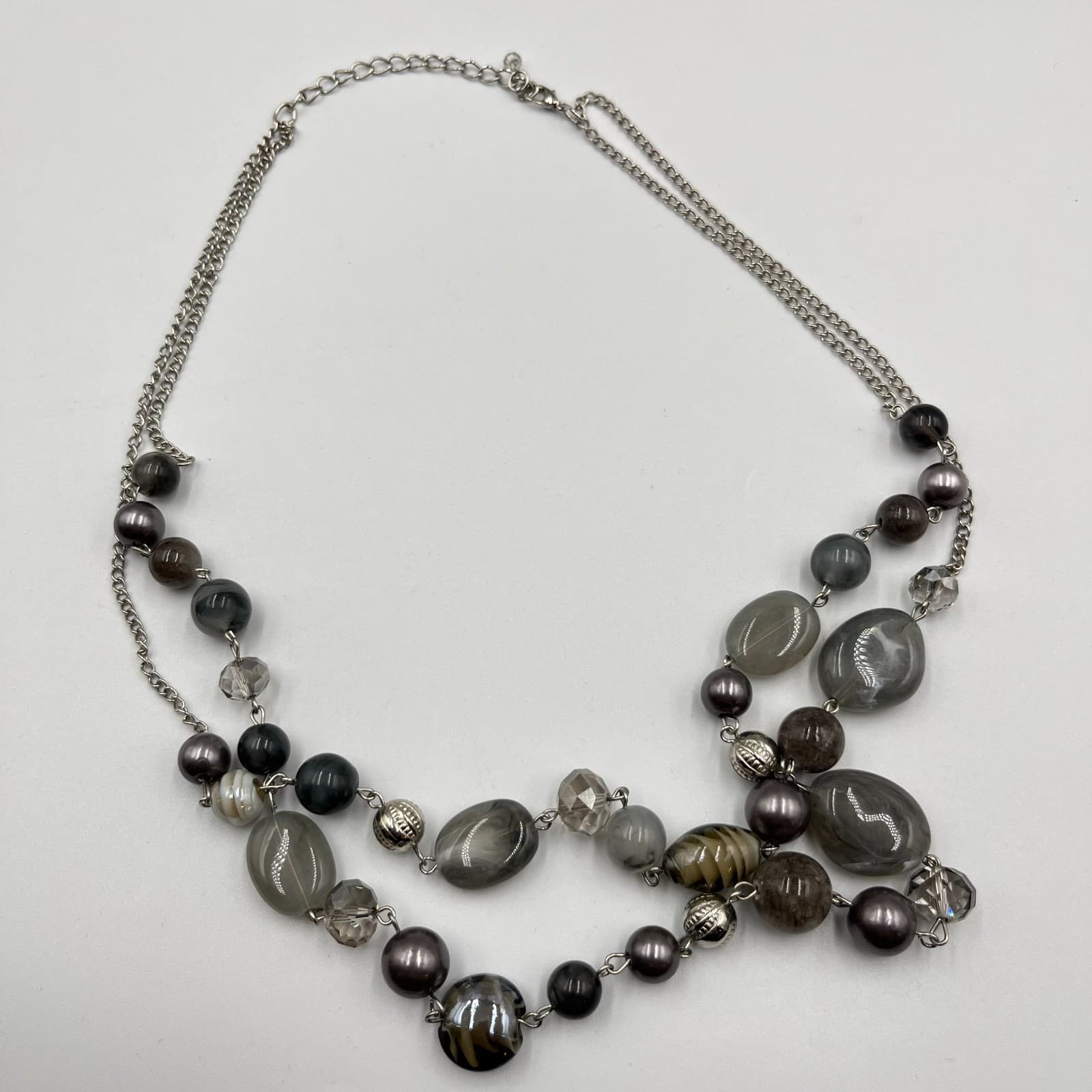 Vintage Grey Multi-Strand Beaded Necklace Retro Mixed Stone Silver Tone Boho - Thumbnail 2