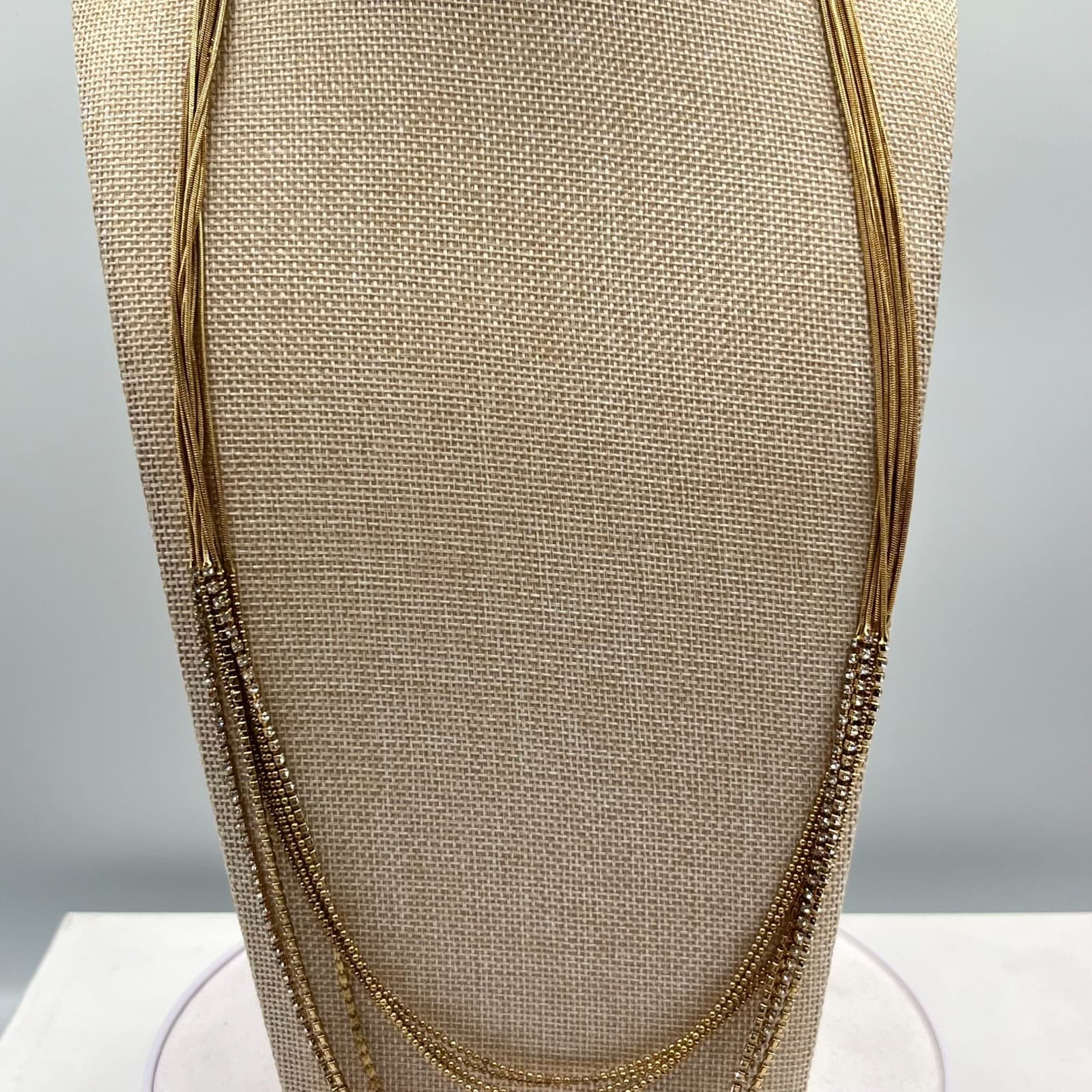 VTG Gold Tone Multi-Strand Snake & Rhinestone Chain Layered Necklace Retro Glam