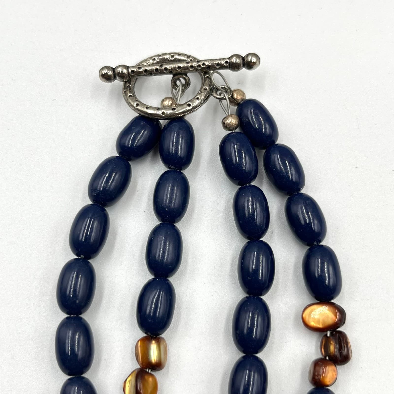 Vintage Boho Double Strand Blue & Bronze Shell Bead Toggle Necklace 16-18" - Thumbnail 4