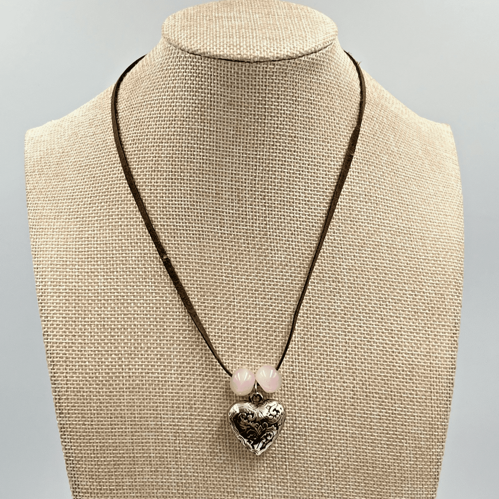 Vintage Boho Silver Ornate Filigree Heart Pink Bead Brown Suede Choker Necklace