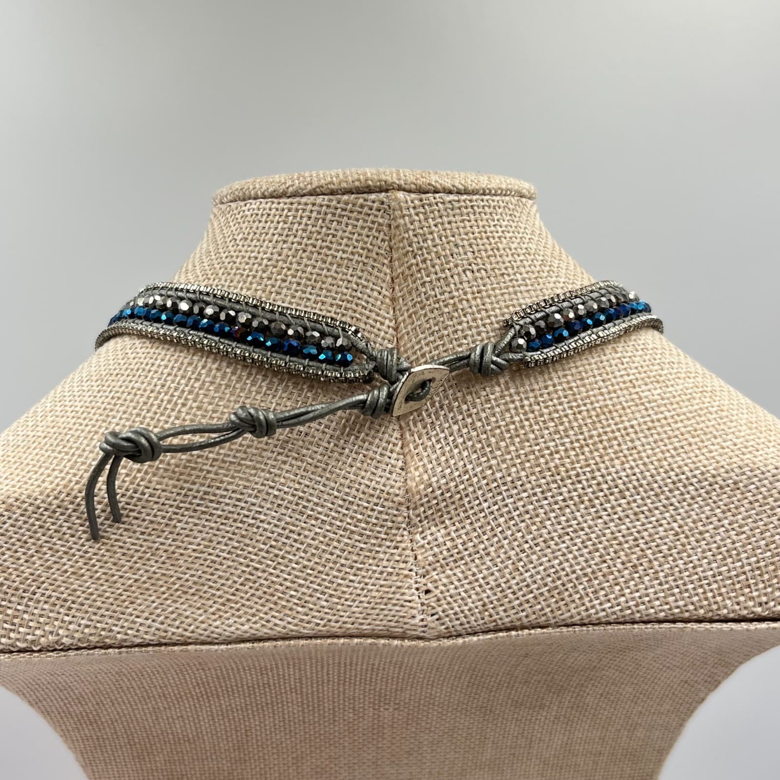 Vintage Nakamol Boho Mixed Metal & Blue Crystal Leather Wrap Choker Necklace - Thumbnail 6