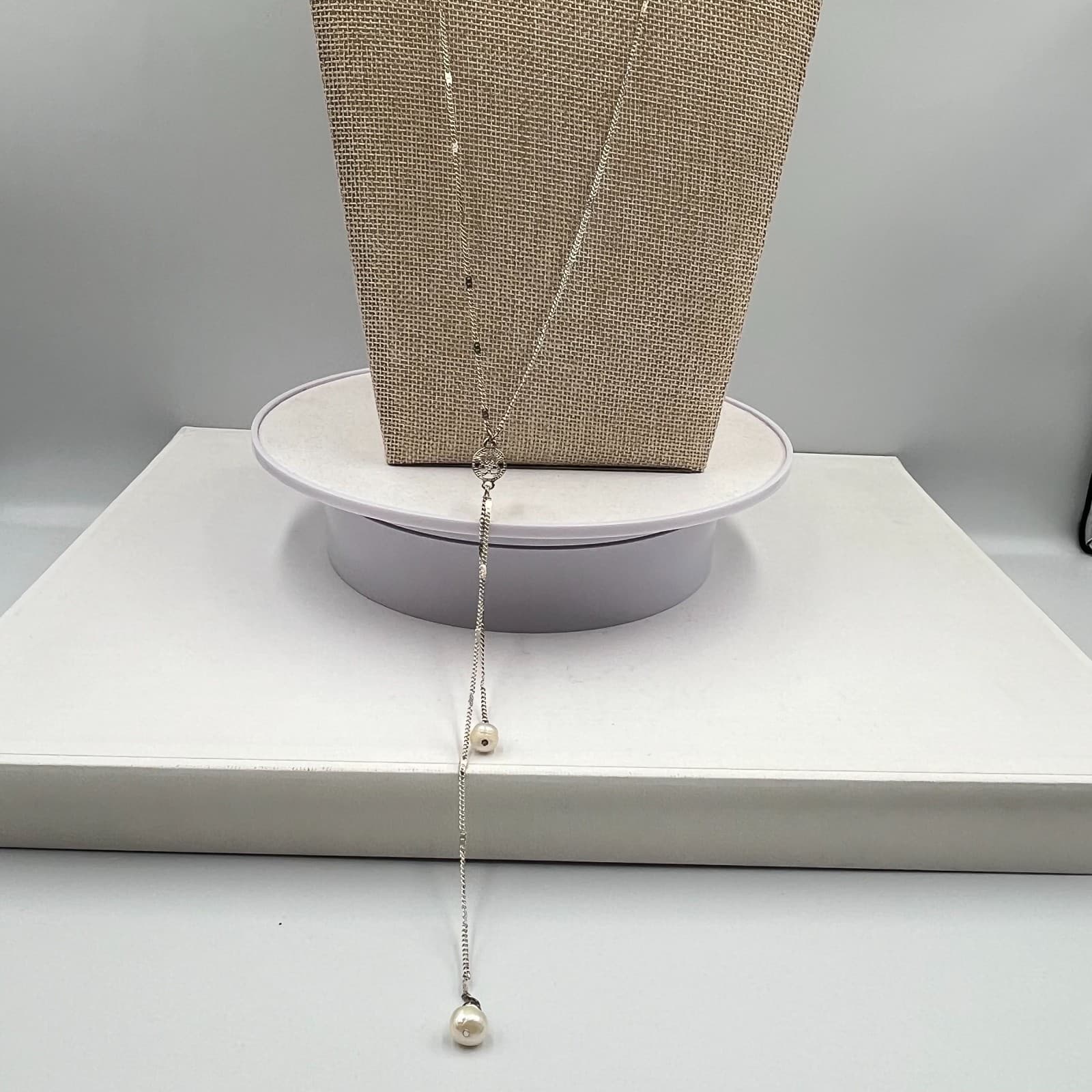 Vintage Y2K Silver Tone Lariat Y-Necklace Faux Pearl Crystal Filigree Accent - Thumbnail 2