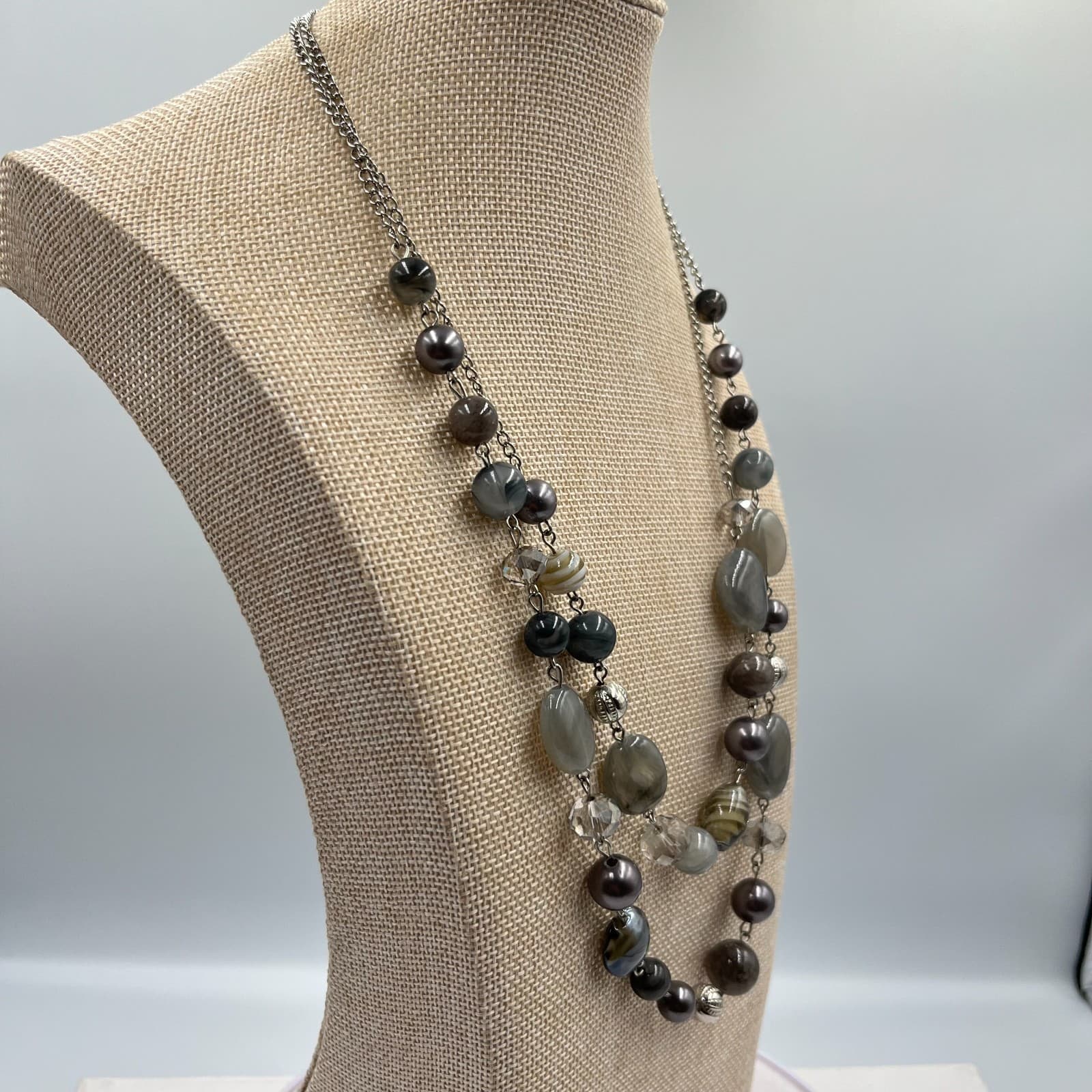 Vintage Grey Multi-Strand Beaded Necklace Retro Mixed Stone Silver Tone Boho - Thumbnail 4