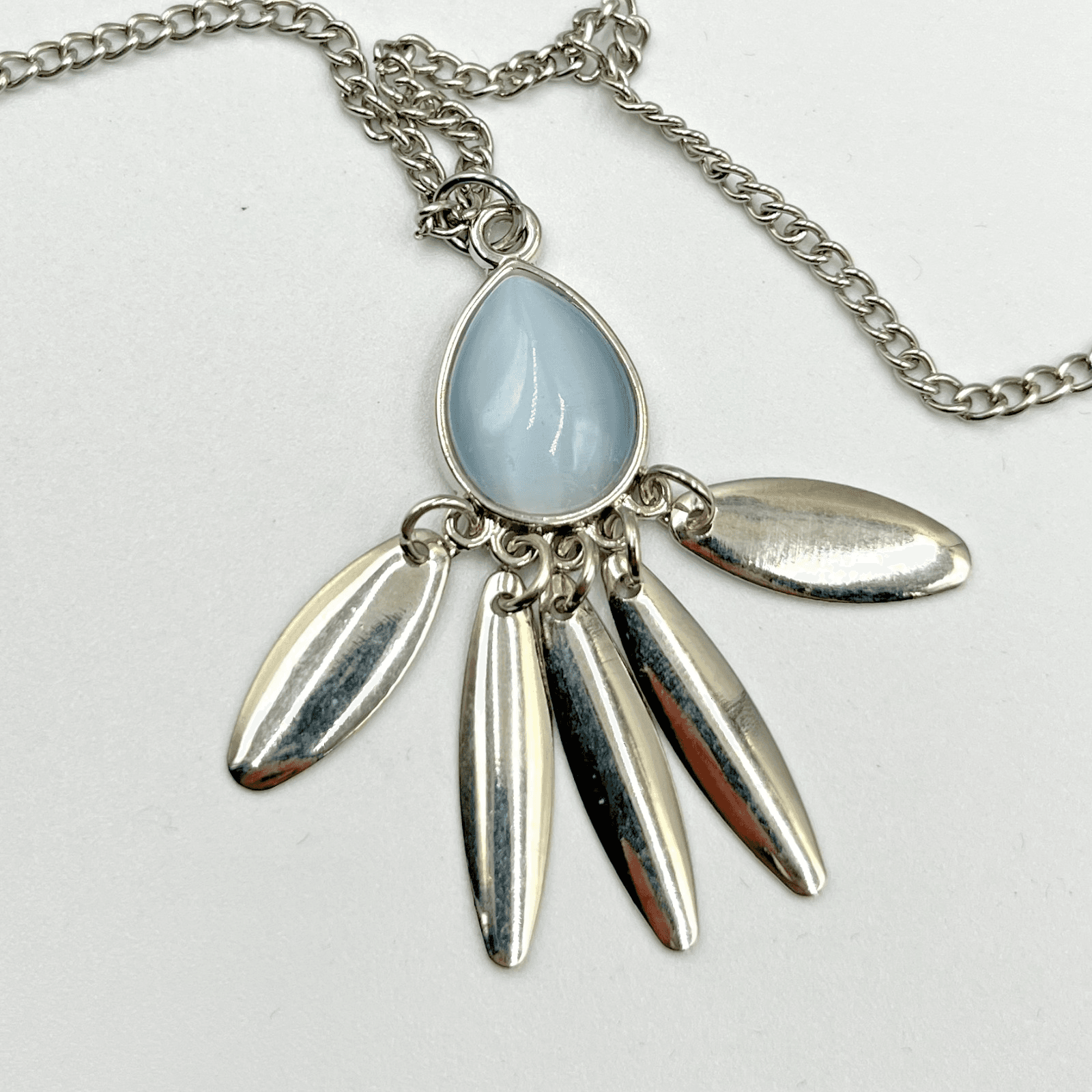 Vintage Boho Silver Tone Blue Moonstone Teardrop Tassel Pendant Necklace Y2K