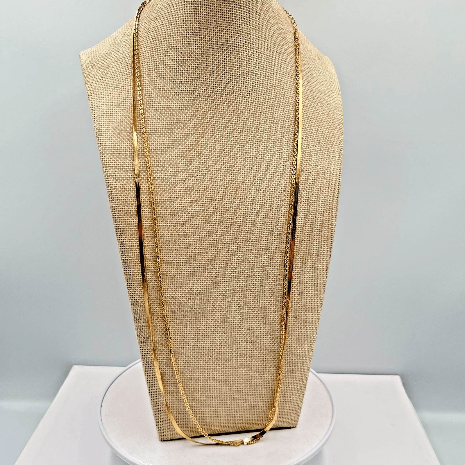 Vintage Modern Gold Layered Herringbone & Curb Chain Necklace Duo Fashion