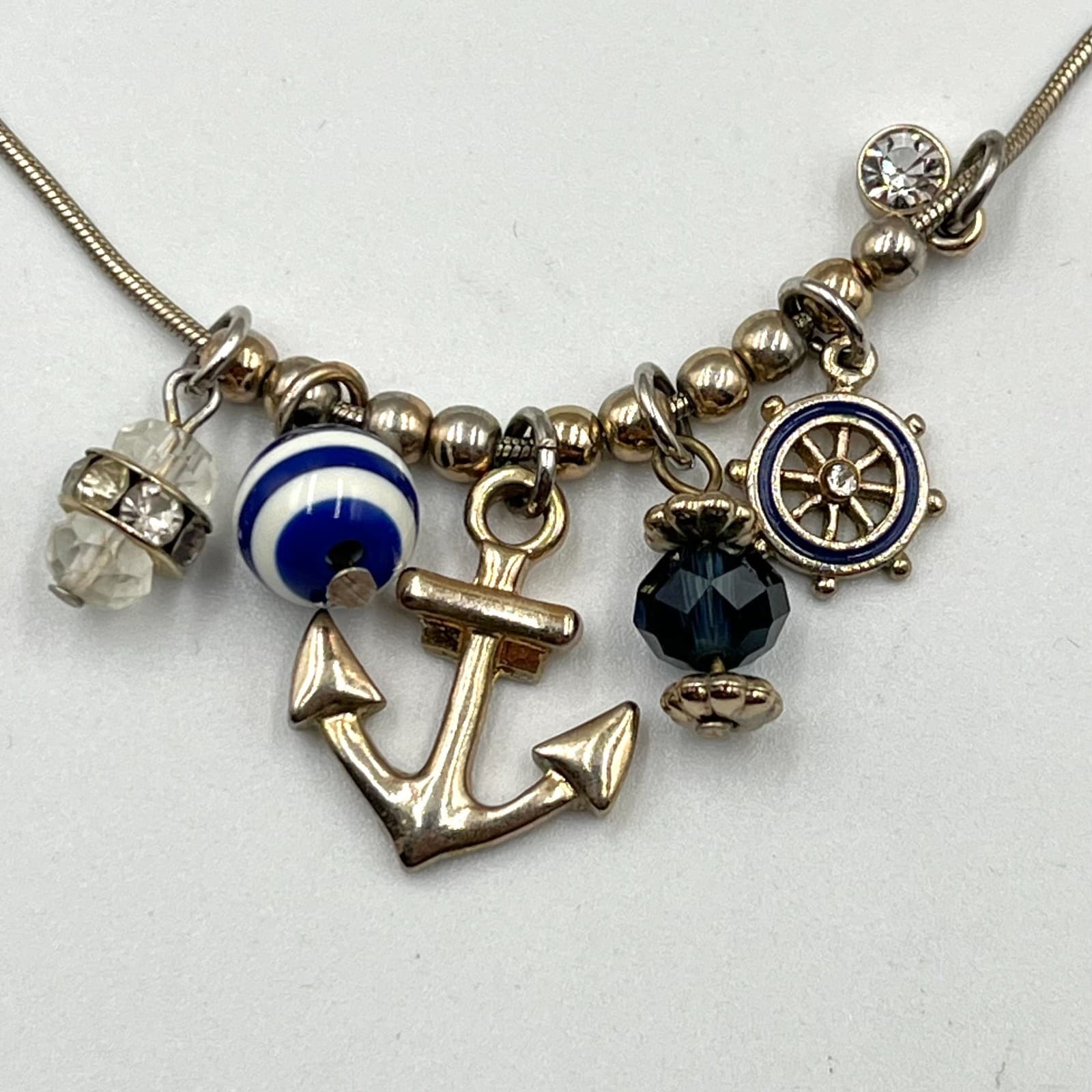 VTG Charming Charlie Nautical Anchor & Wheel Charm Necklace Crystal Snake Chain