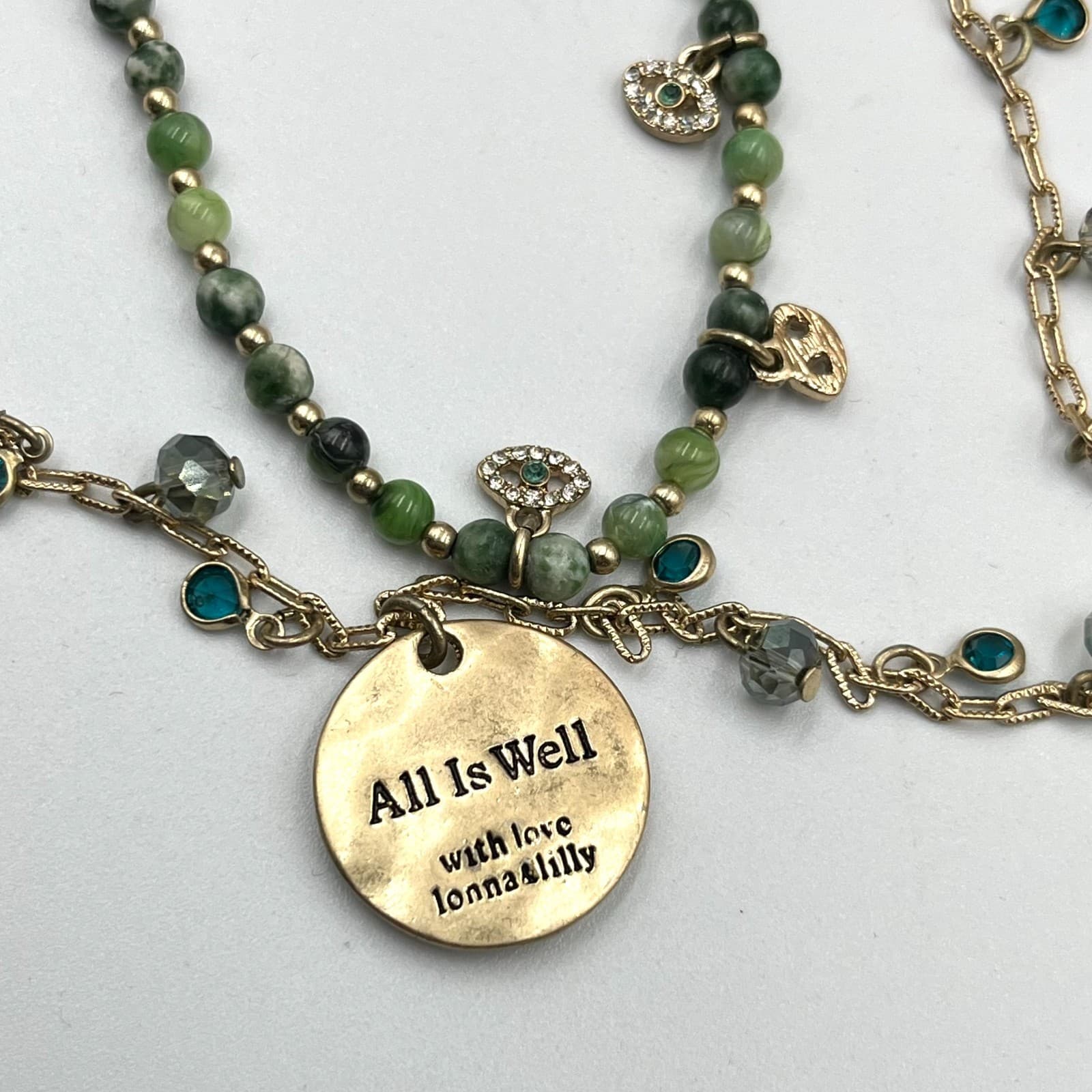 VTG Lonna & Lilly Gold Tone Long Beaded Hamsa "All Is Well" Tassel Necklace Boho - Thumbnail 5