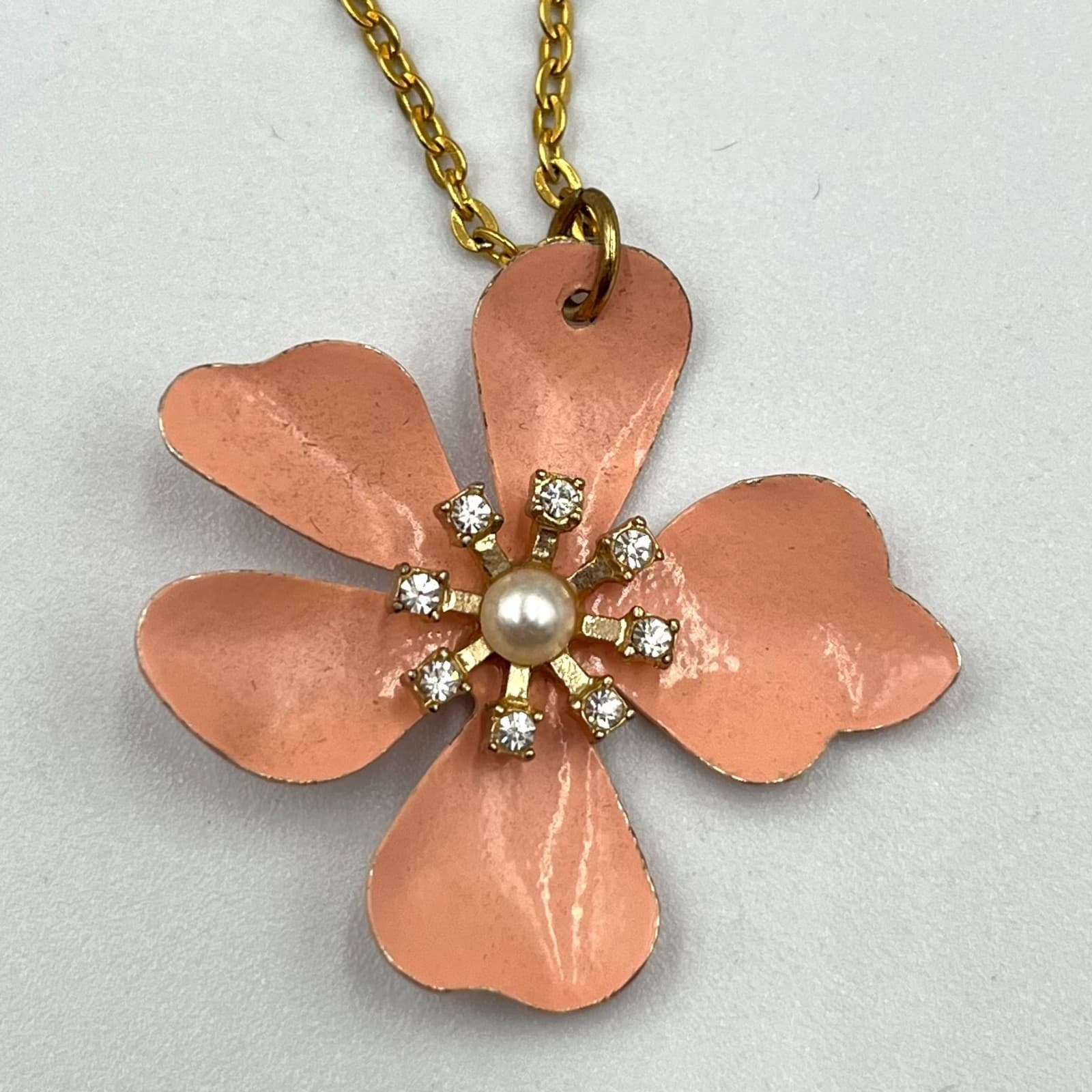 Vintage Retro Peach Enamel Daisy Flower Necklace Gold Tone Faux Pearl Rhinestone - Thumbnail 4