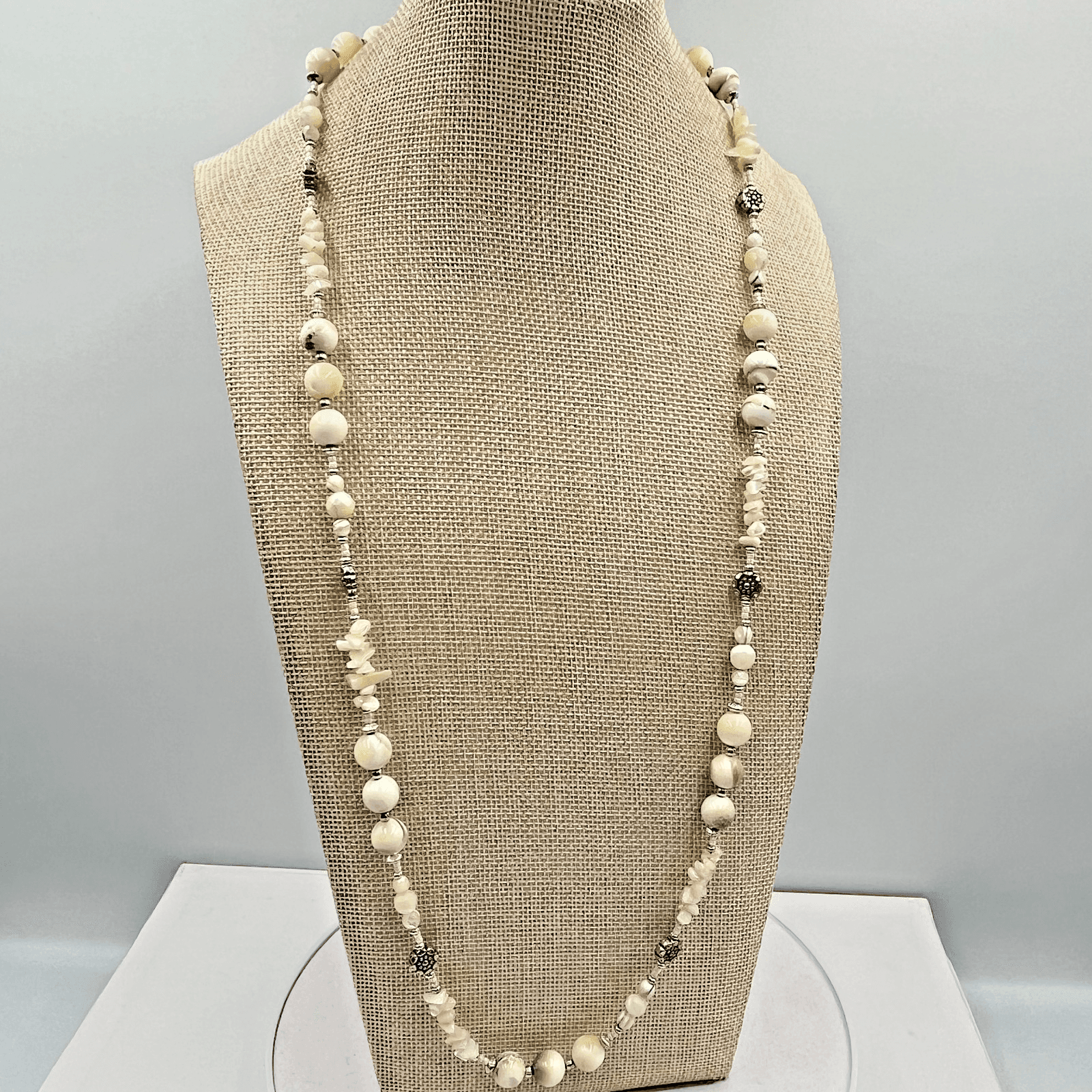 Vintage Boho Mother of Pearl Shell Beaded Necklace Cream Green Floral Accents