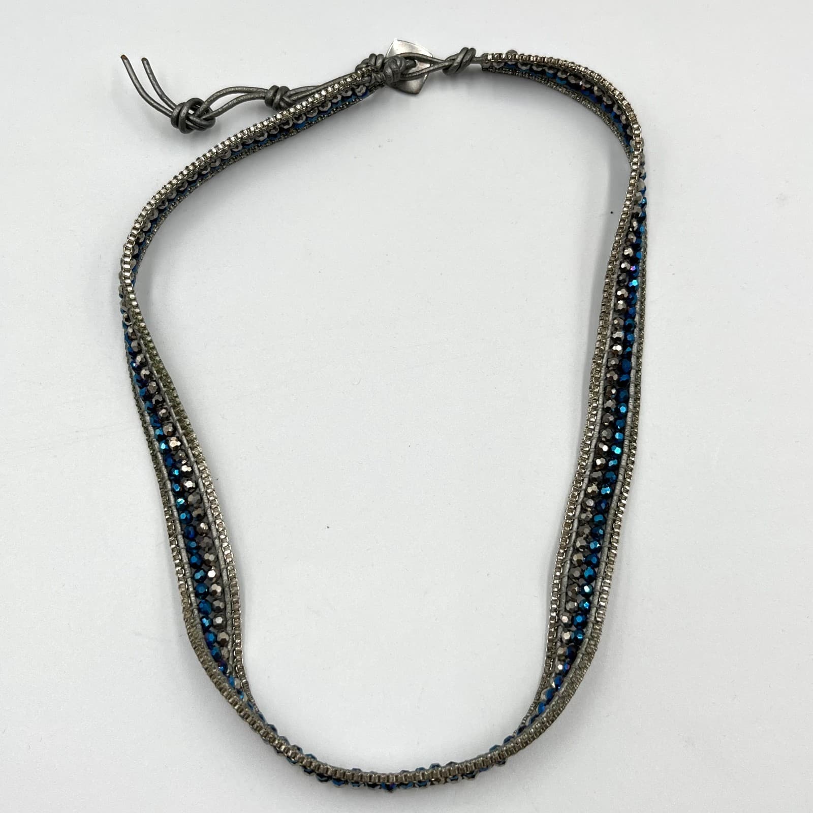 Vintage Nakamol Boho Mixed Metal & Blue Crystal Leather Wrap Choker Necklace - Thumbnail 2