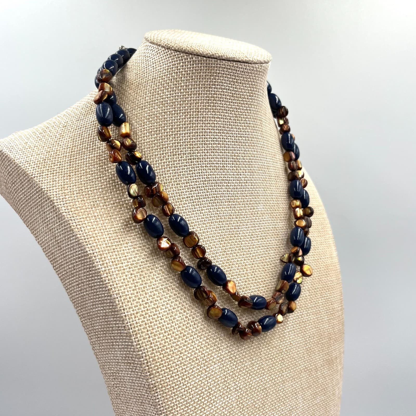 Vintage Boho Double Strand Blue & Bronze Shell Bead Toggle Necklace 16-18" - Thumbnail 5