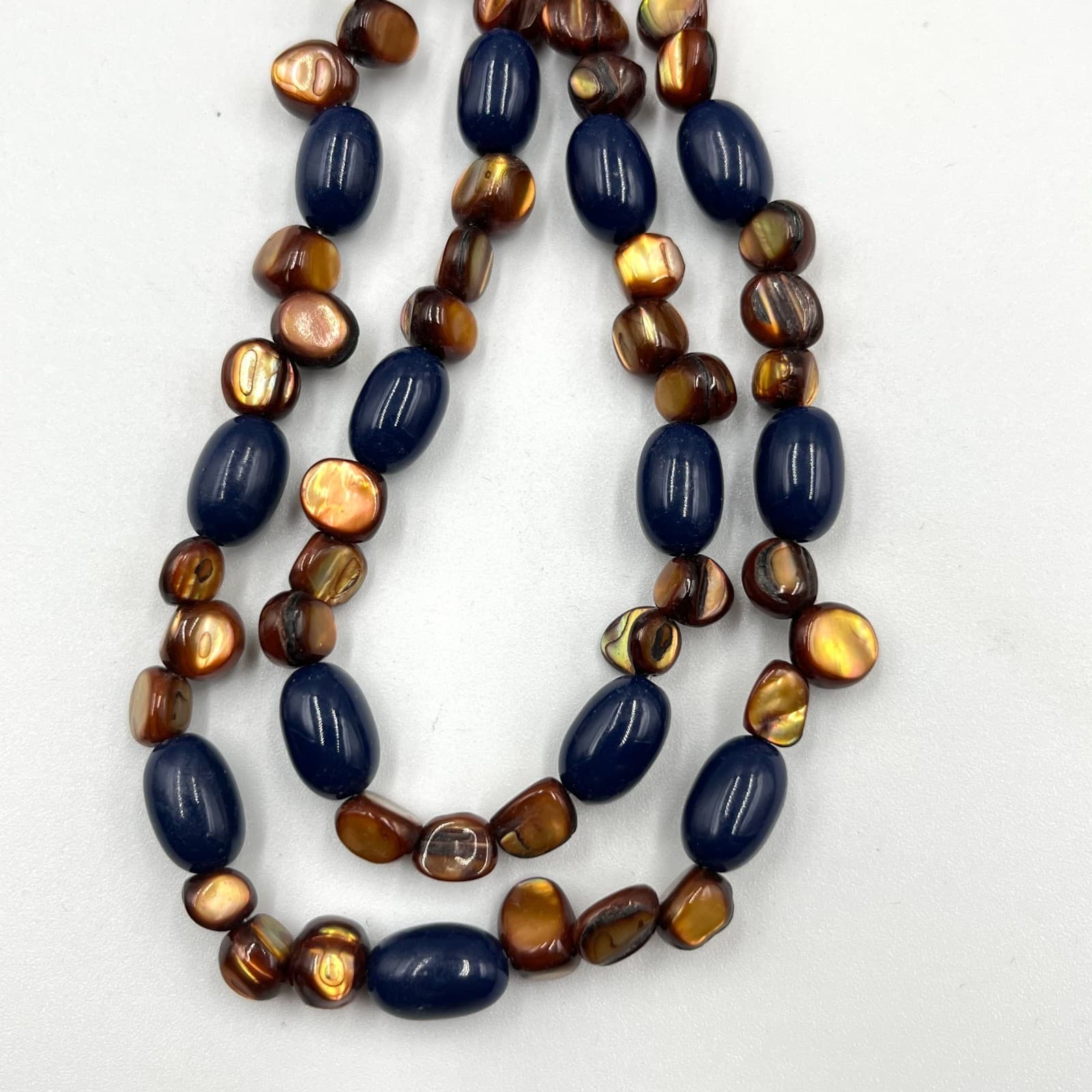 Vintage Boho Double Strand Blue & Bronze Shell Bead Toggle Necklace 16-18" - Thumbnail 3