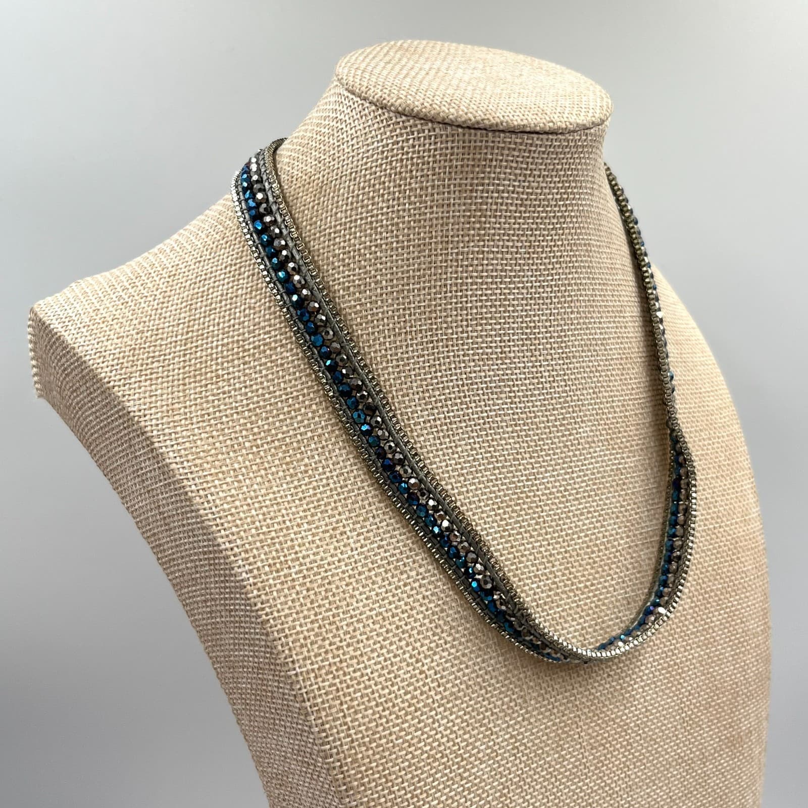 Vintage Nakamol Boho Mixed Metal & Blue Crystal Leather Wrap Choker Necklace - Thumbnail 5