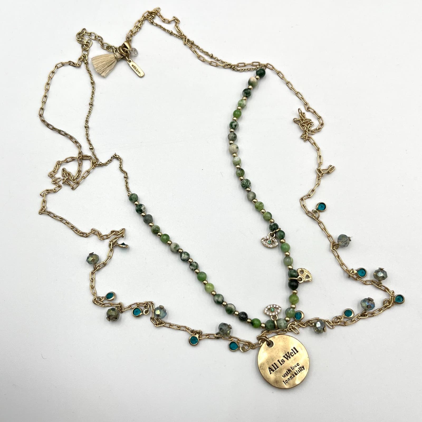 VTG Lonna & Lilly Gold Tone Long Beaded Hamsa "All Is Well" Tassel Necklace Boho - Thumbnail 3