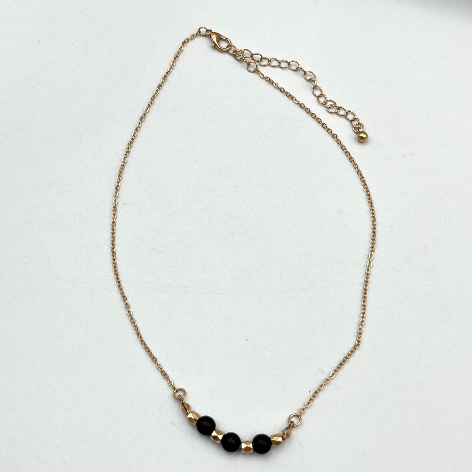 Vintage Minimalist Gold Tone Necklace Black Matte Beads Gold Geometric Accents - Thumbnail 2
