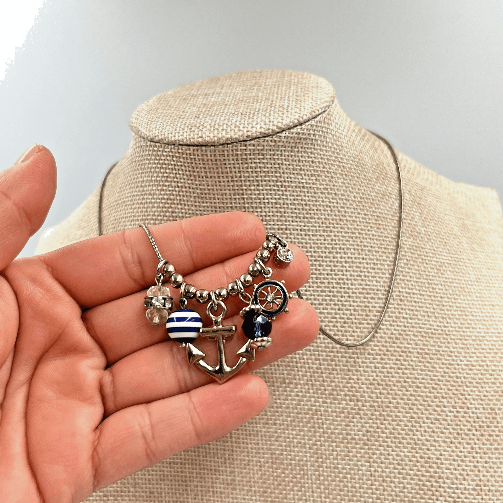 VTG Charming Charlie Nautical Anchor & Wheel Charm Necklace Crystal Snake Chain - Thumbnail 7