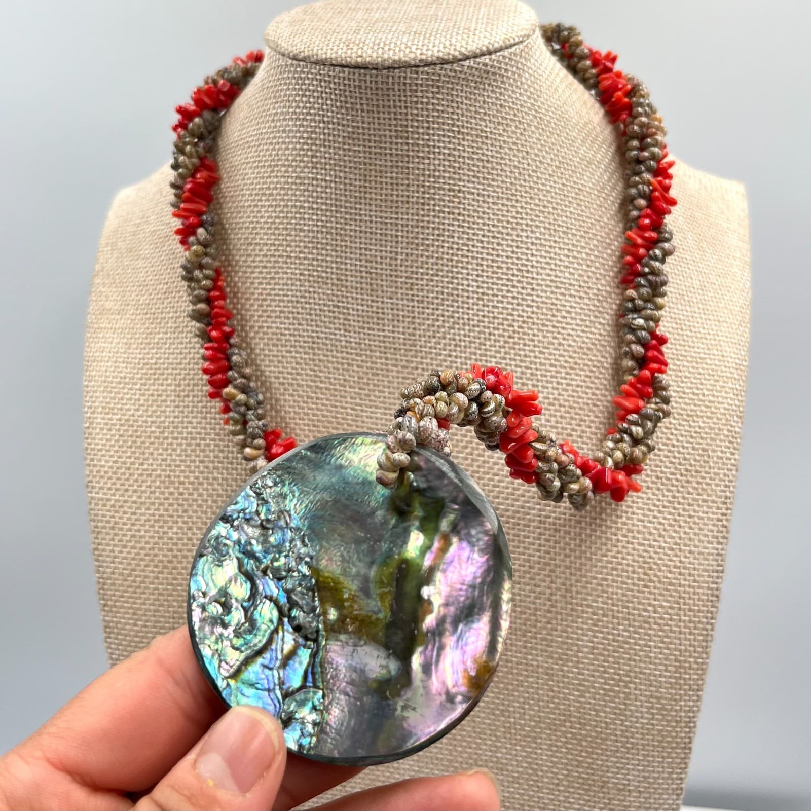 Vintage Boho Abalone Shell Pendant Necklace Red Coral & Tiny Seashell Strand - Thumbnail 5