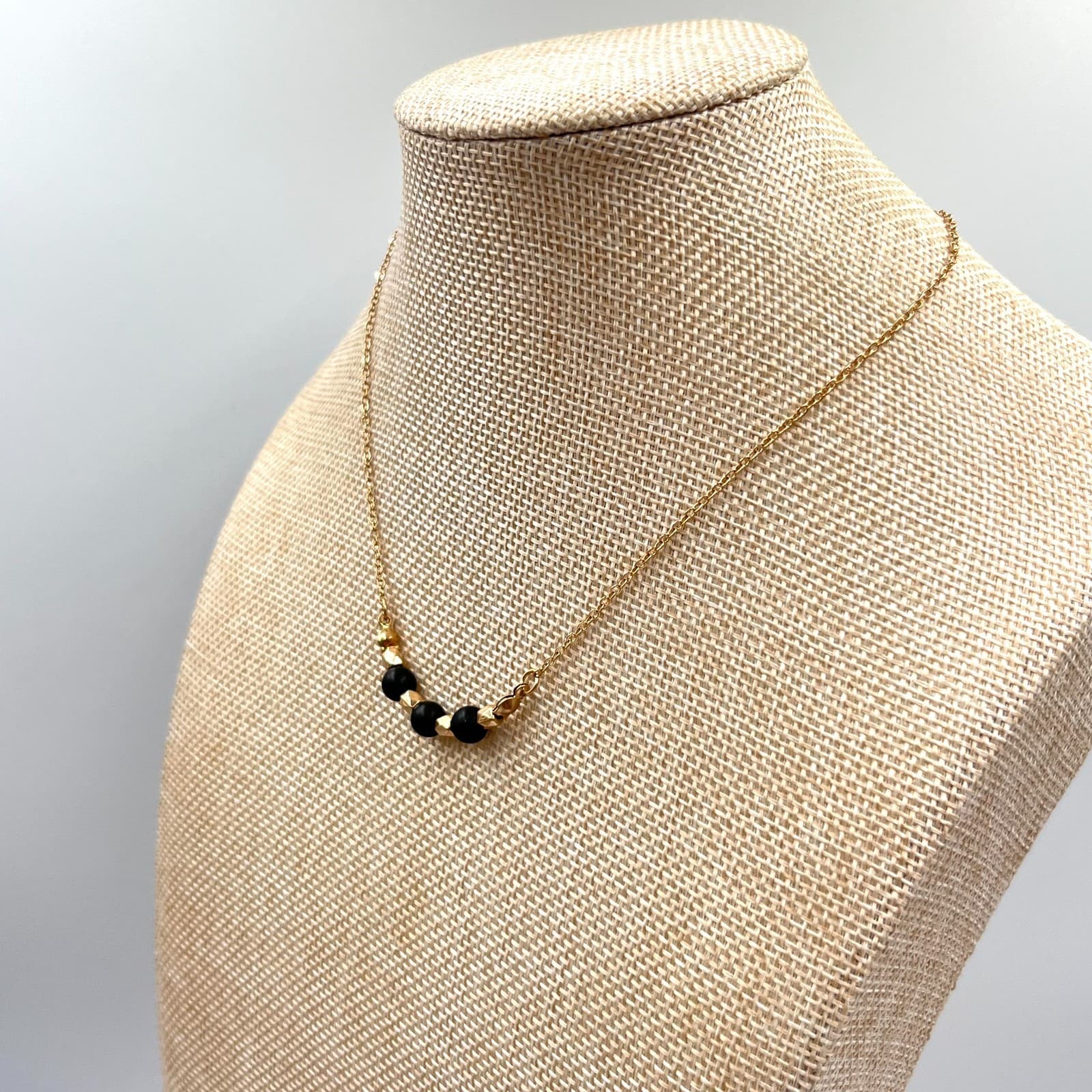 Vintage Minimalist Gold Tone Necklace Black Matte Beads Gold Geometric Accents - Thumbnail 5