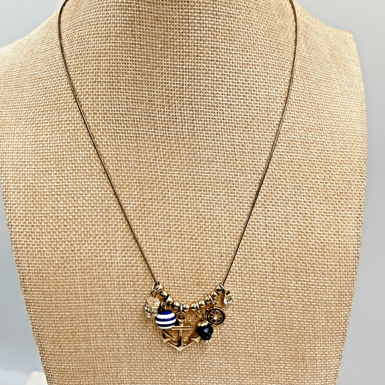 VTG Charming Charlie Nautical Anchor & Wheel Charm Necklace Crystal Snake Chain - Thumbnail 2