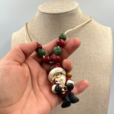 Vintage Retro Santa Claus Resin Pendant Necklace Christmas Holiday Folk Art Cord - Thumbnail 7