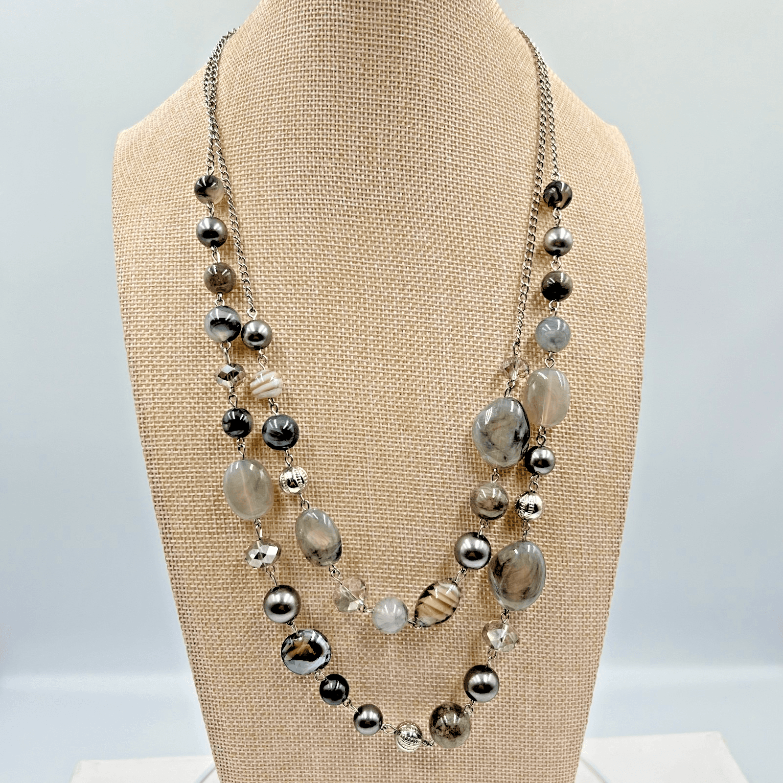 Vintage Grey Multi-Strand Beaded Necklace Retro Mixed Stone Silver Tone Boho