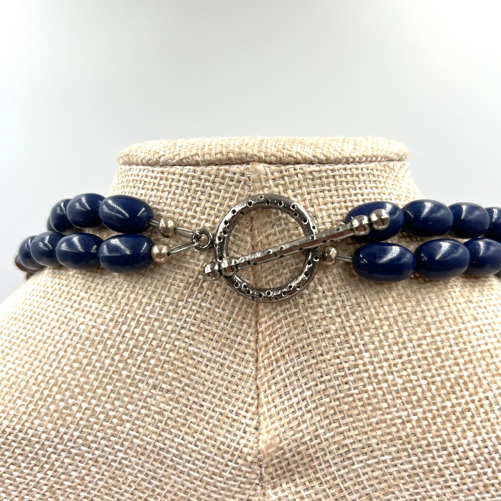 Vintage Boho Double Strand Blue & Bronze Shell Bead Toggle Necklace 16-18" - Thumbnail 6