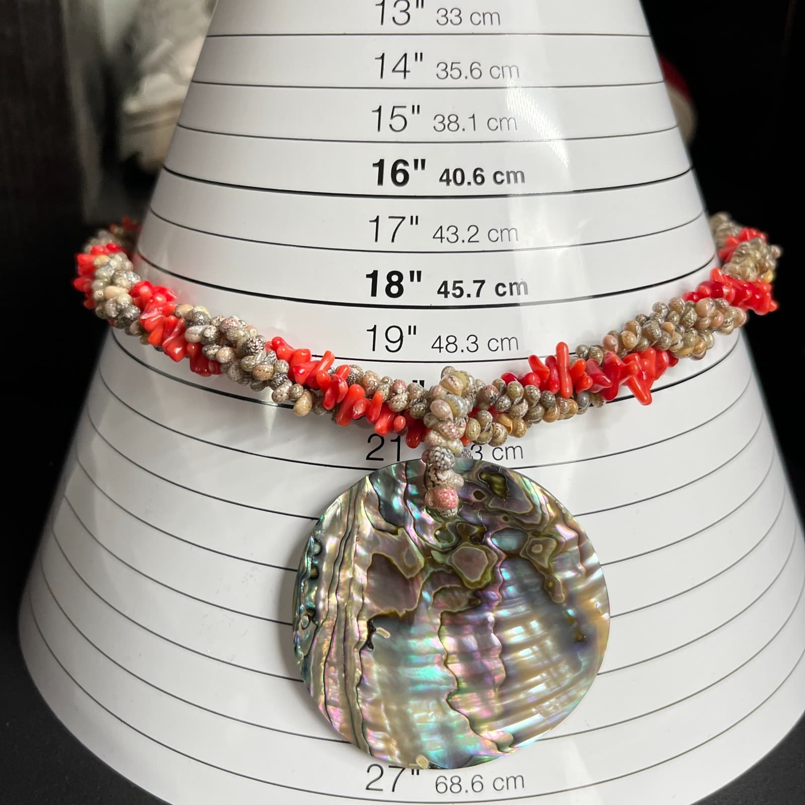 Vintage Boho Abalone Shell Pendant Necklace Red Coral & Tiny Seashell Strand - Thumbnail 7