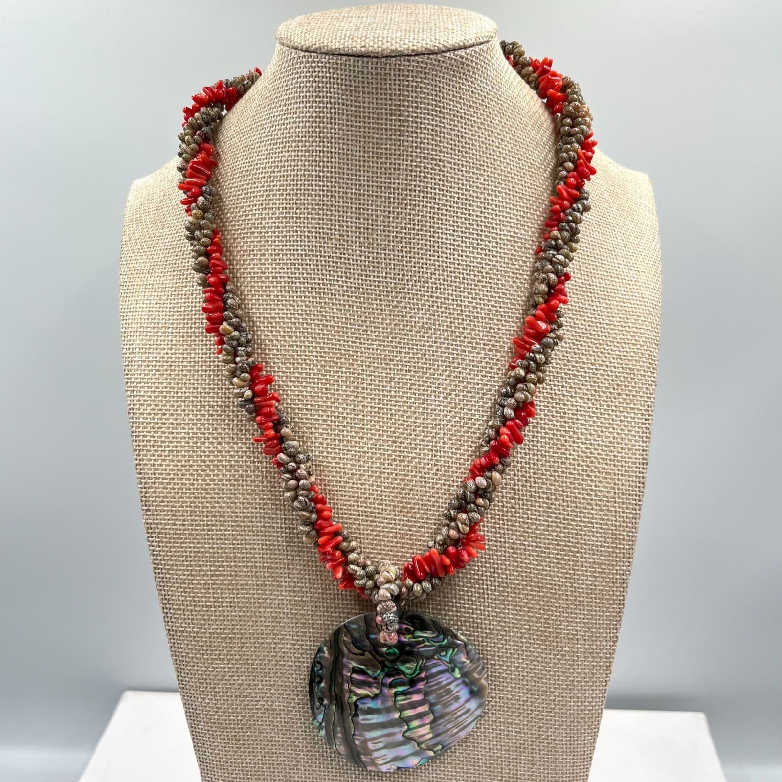 Vintage Boho Abalone Shell Pendant Necklace Red Coral & Tiny Seashell Strand