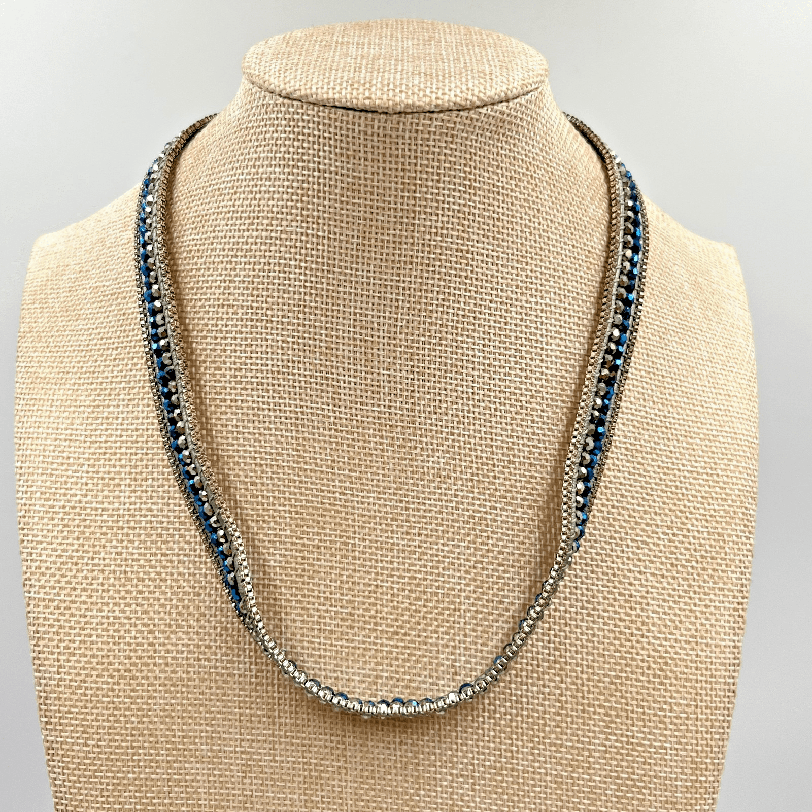 Vintage Nakamol Boho Mixed Metal & Blue Crystal Leather Wrap Choker Necklace