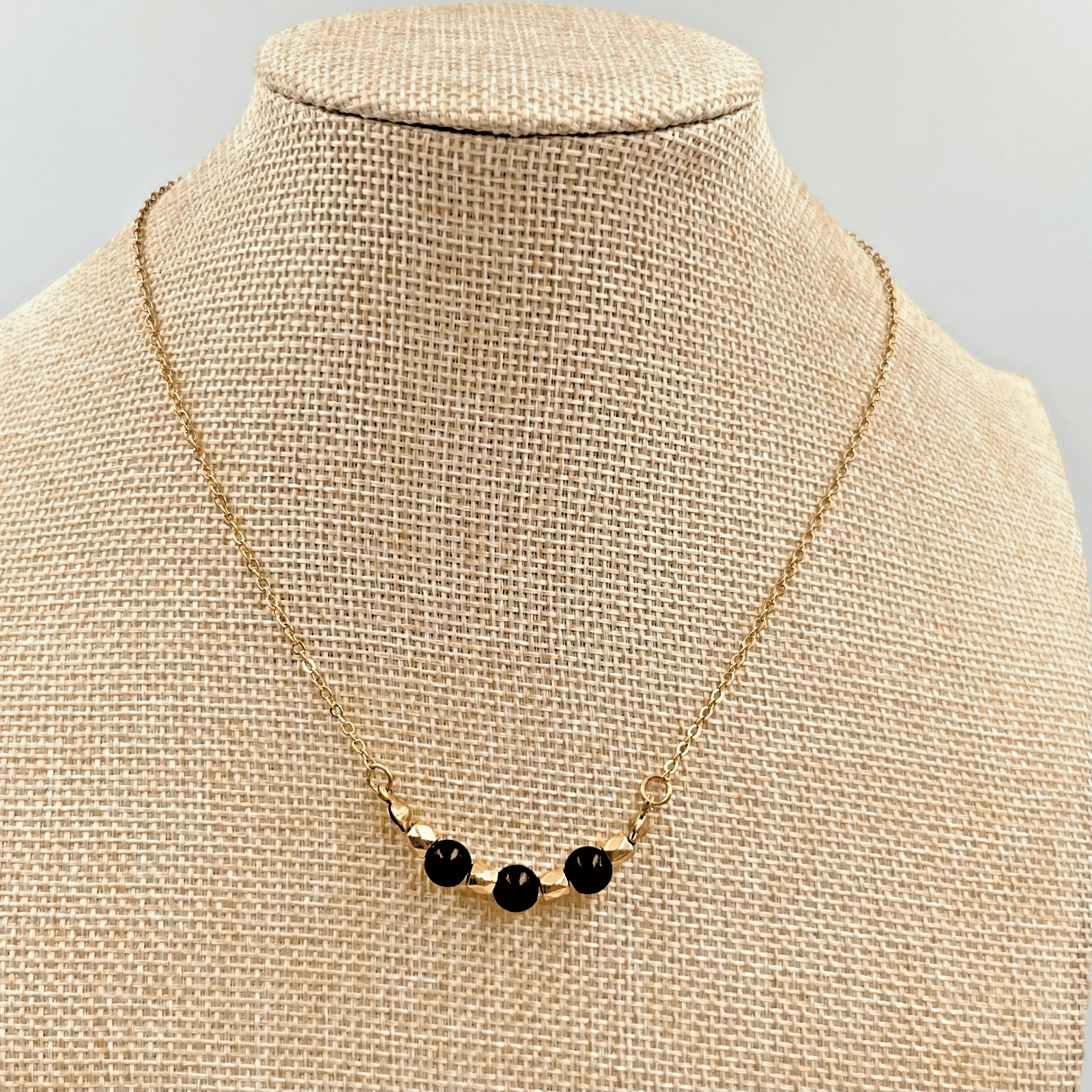 Vintage Minimalist Gold Tone Necklace Black Matte Beads Gold Geometric Accents