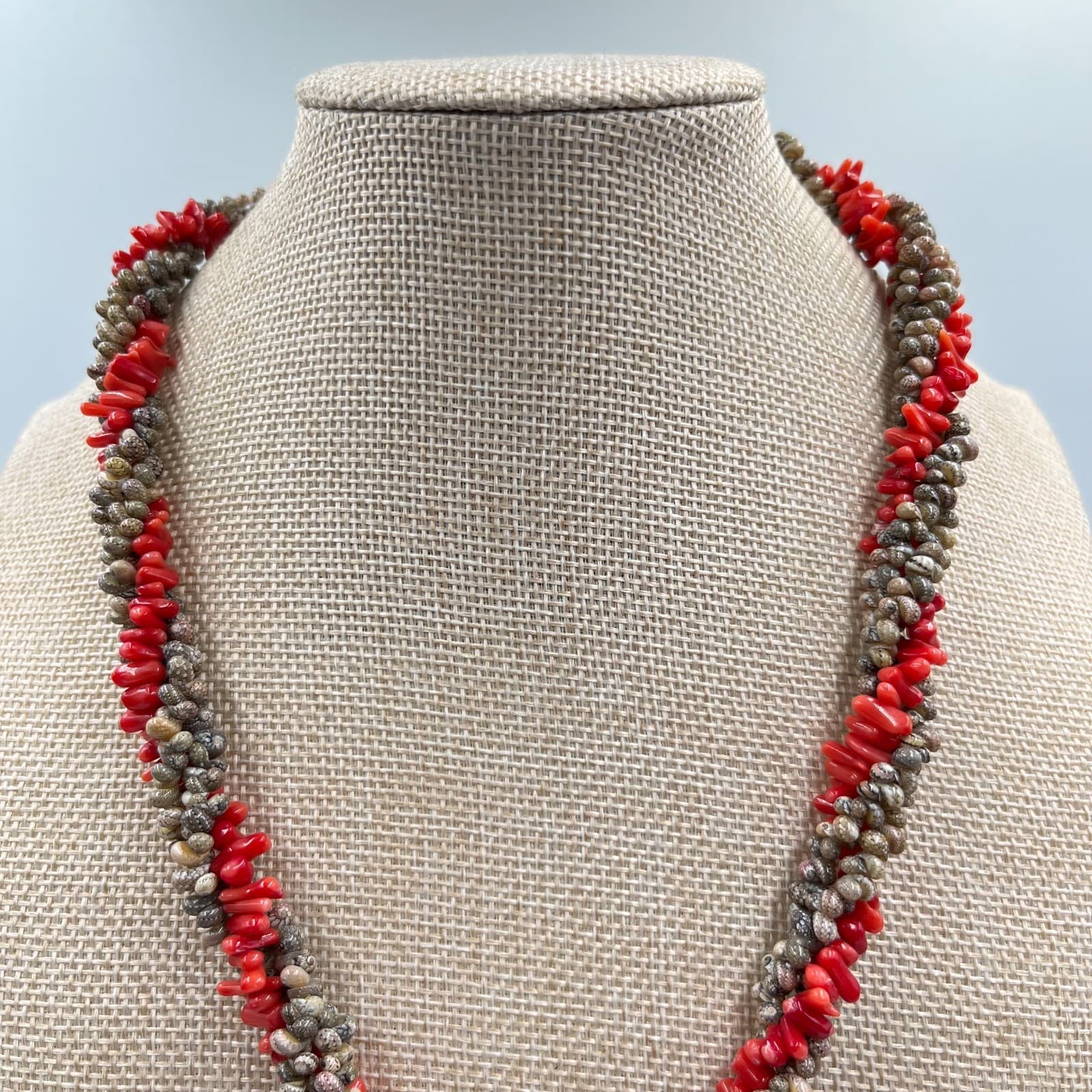 Vintage Boho Abalone Shell Pendant Necklace Red Coral & Tiny Seashell Strand - Thumbnail 2
