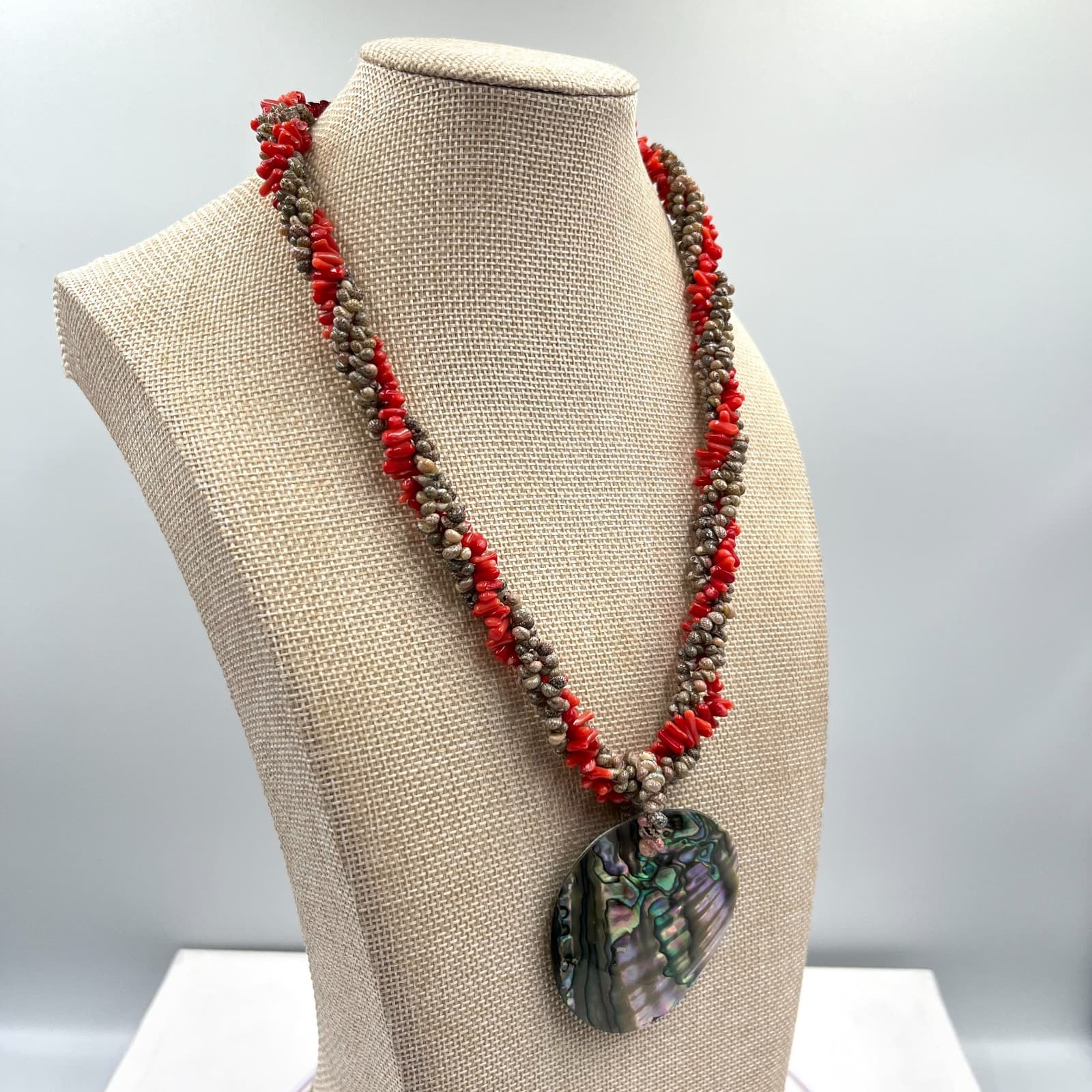 Vintage Boho Abalone Shell Pendant Necklace Red Coral & Tiny Seashell Strand - Thumbnail 6