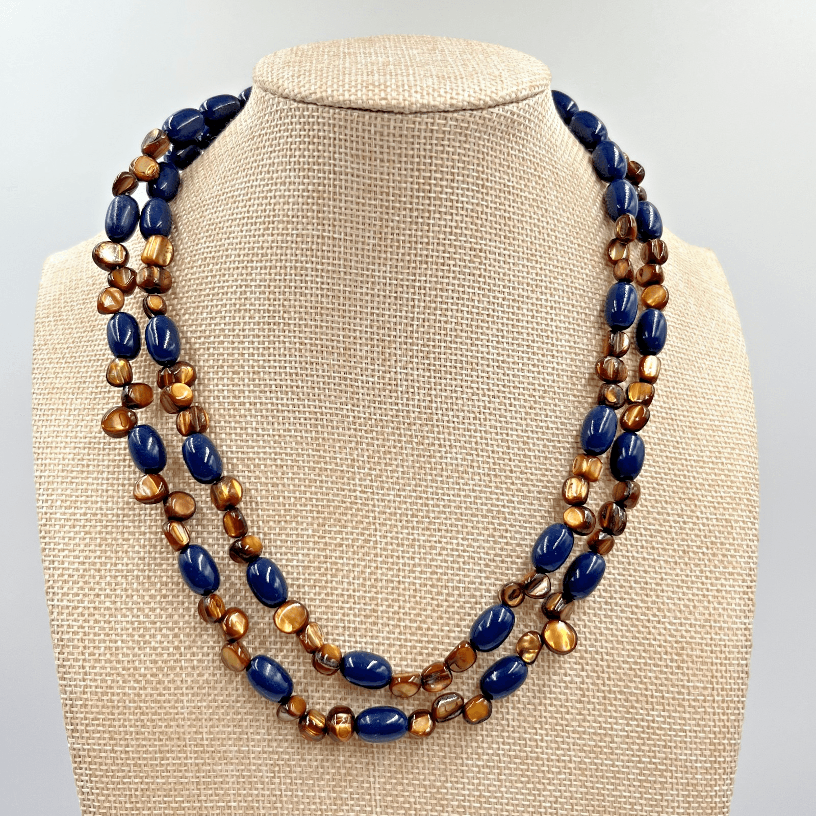 Vintage Boho Double Strand Blue & Bronze Shell Bead Toggle Necklace 16-18"