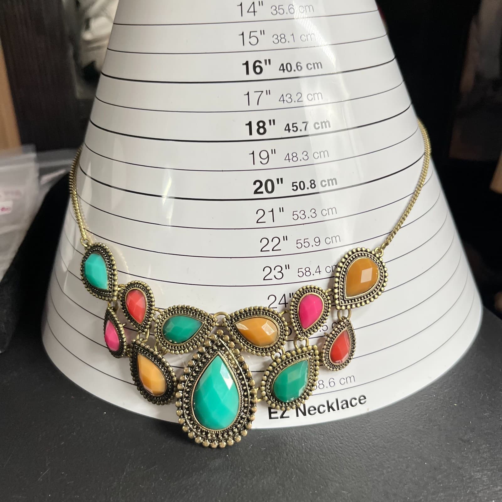 VTG Boho Antique Bronze Teardrop Statement Necklace Multi-Color Jewel Tone Bib - Thumbnail 7