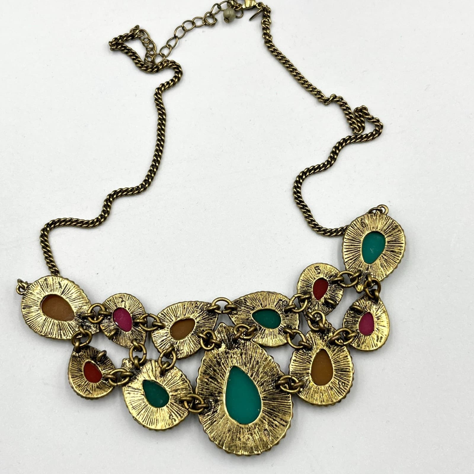 VTG Boho Antique Bronze Teardrop Statement Necklace Multi-Color Jewel Tone Bib - Thumbnail 8