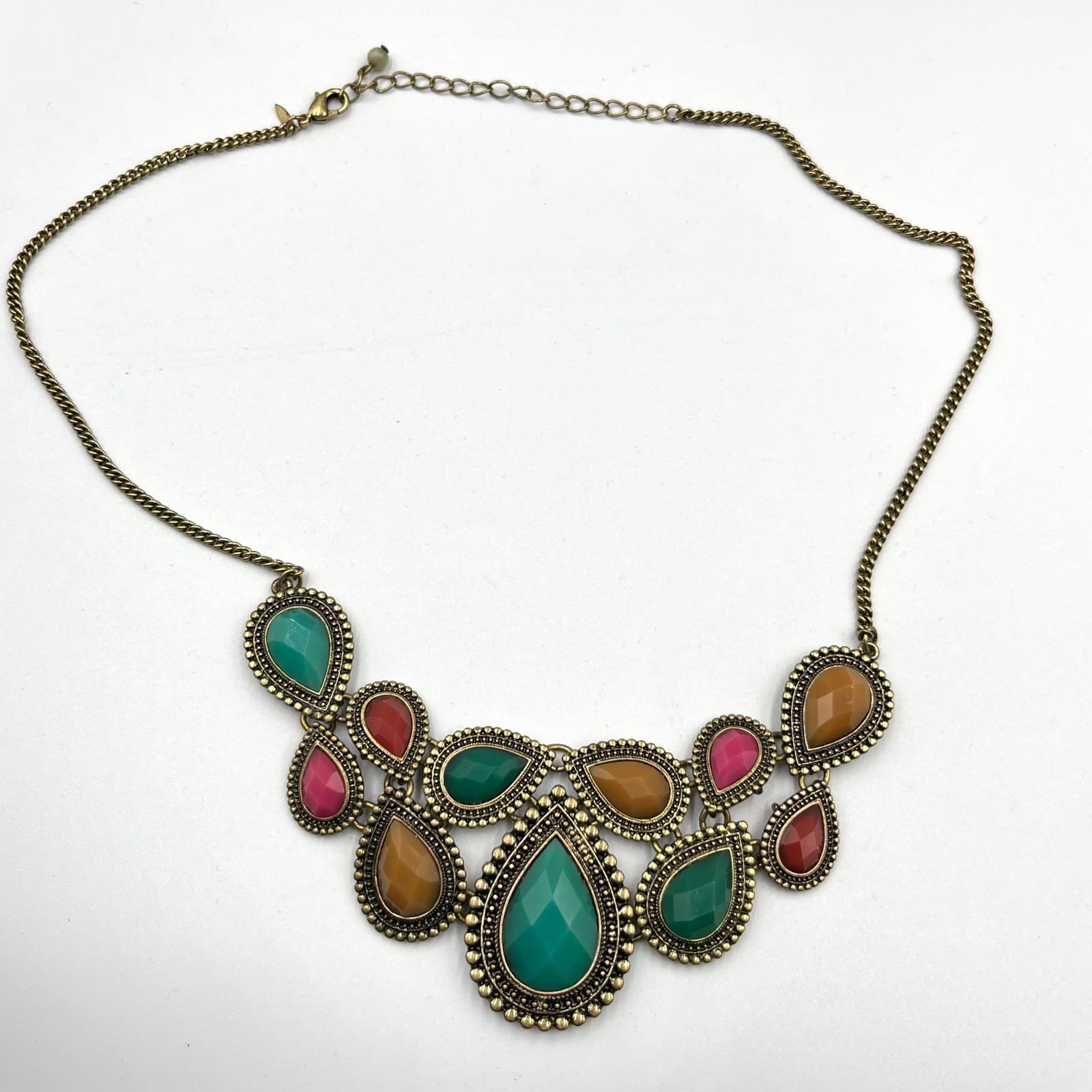 VTG Boho Antique Bronze Teardrop Statement Necklace Multi-Color Jewel Tone Bib - Thumbnail 2