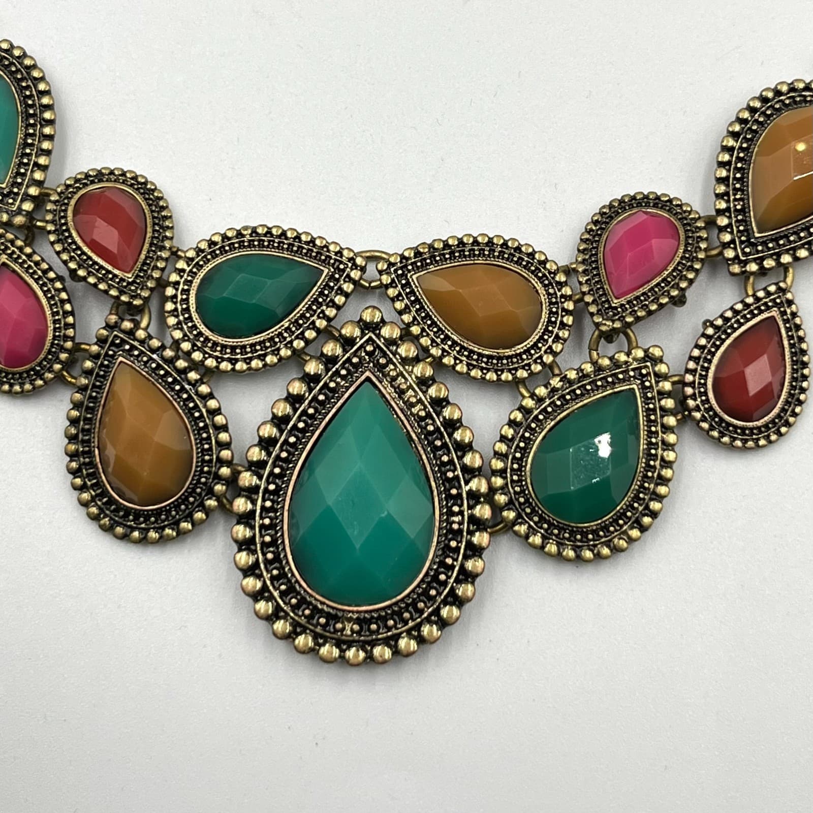 VTG Boho Antique Bronze Teardrop Statement Necklace Multi-Color Jewel Tone Bib - Thumbnail 4