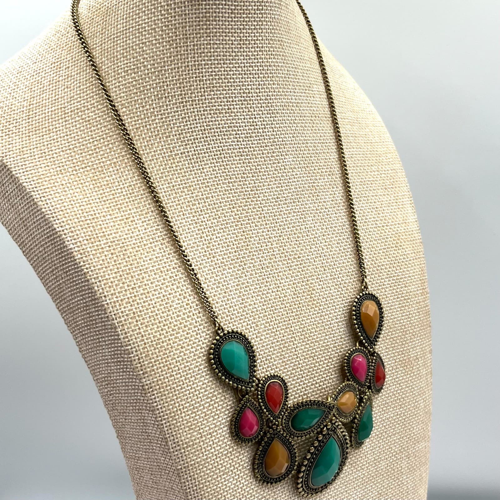 VTG Boho Antique Bronze Teardrop Statement Necklace Multi-Color Jewel Tone Bib - Thumbnail 6