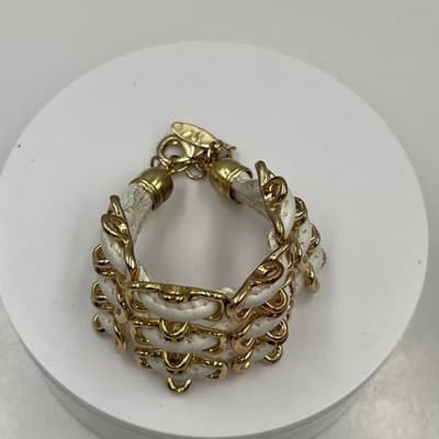 Vintage New York Gold Tone White Faux Leather Multi Row Cuff Bracelet Statement - Thumbnail 2
