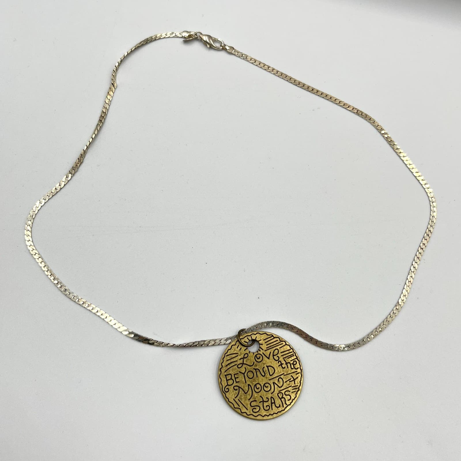 VTG Retro Inspirational Necklace Silver Tone Herringbone Chain Gold Medallion - Thumbnail 3