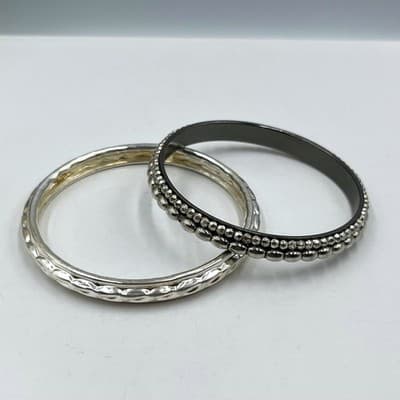 Set of 2 Vintage Silver Tone Bangle Bracelets 8" Textured Beaded & Etched Design