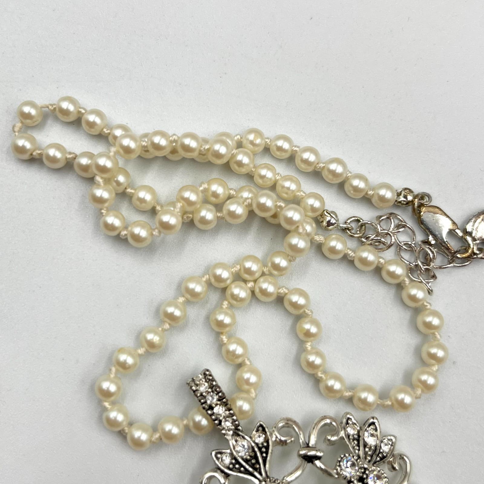 Vintage Faux Pearl Necklace Statement Filigree Open Work Crystal Pendant Bridal - Thumbnail 5