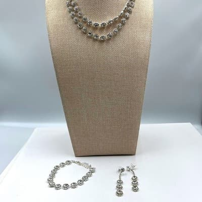 VTG Rhinestone Set: Double Layer Necklace, 3-Drop Earring, Link Bracelet Classic