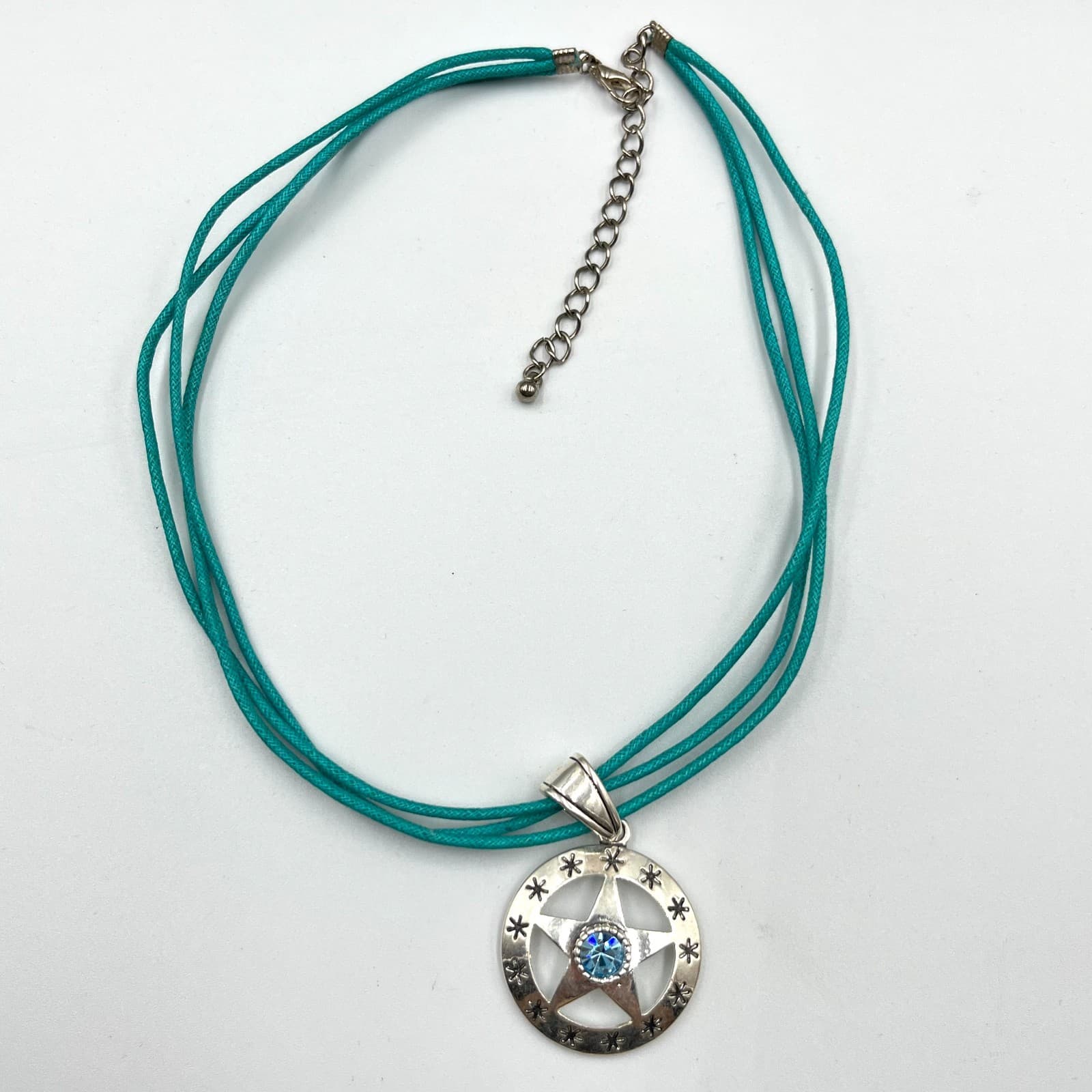 Vintage Star Pentagram Teal Cord Necklace Silver Tone Blue Crystal Boho Retro - Thumbnail 2