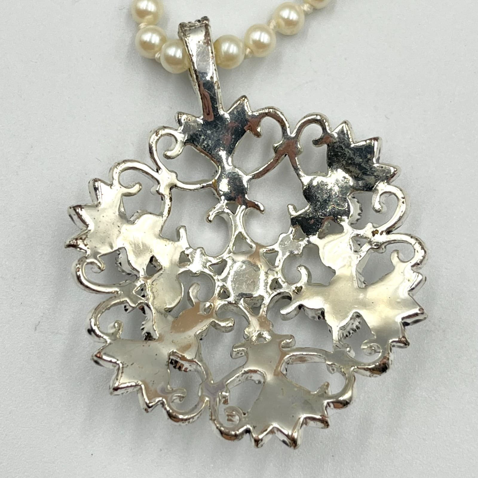 Vintage Faux Pearl Necklace Statement Filigree Open Work Crystal Pendant Bridal - Thumbnail 6