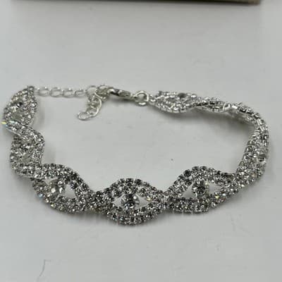 VTG Rhinestone Jewelry Set: V-Shape Necklace, Infinity Bracelet, Drop Earrings - Thumbnail 2
