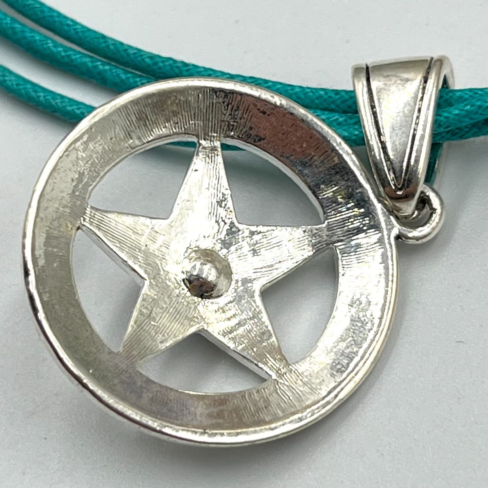 Vintage Star Pentagram Teal Cord Necklace Silver Tone Blue Crystal Boho Retro - Thumbnail 5